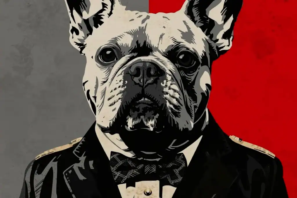 A stylized dog mayor portrait in a black suit and bow tie against bold red and gray tones, reflecting Rabbit Hash Kentucky elections.