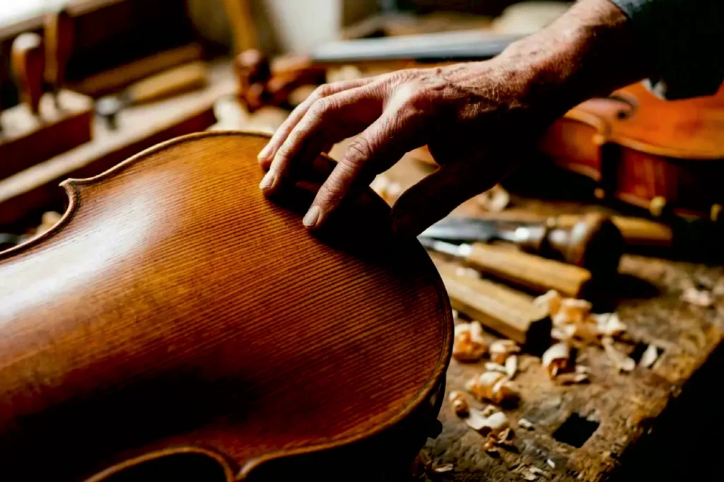A luthier’s hands carve a warm brown wooden Stradivarius violin on a workshop bench, echoing the frozen-in-time Maunder Minimum story.