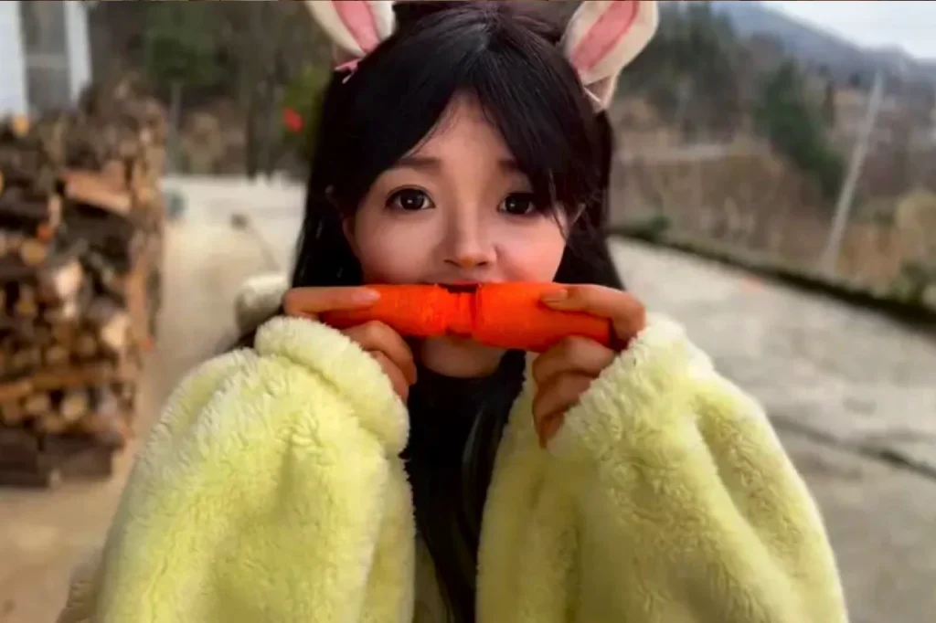 Chen Qin grips an orange carrot close to her face, with the carved-structure style inspired by the Great Wall of China and Yellow Crane Tower.