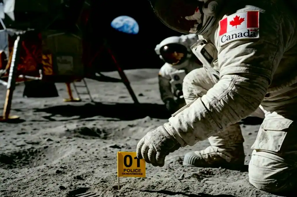 An astronaut in a white suit with the Canadian flag kneels on the lunar surface as space law questions emerge 384,400 kilometres from Earth