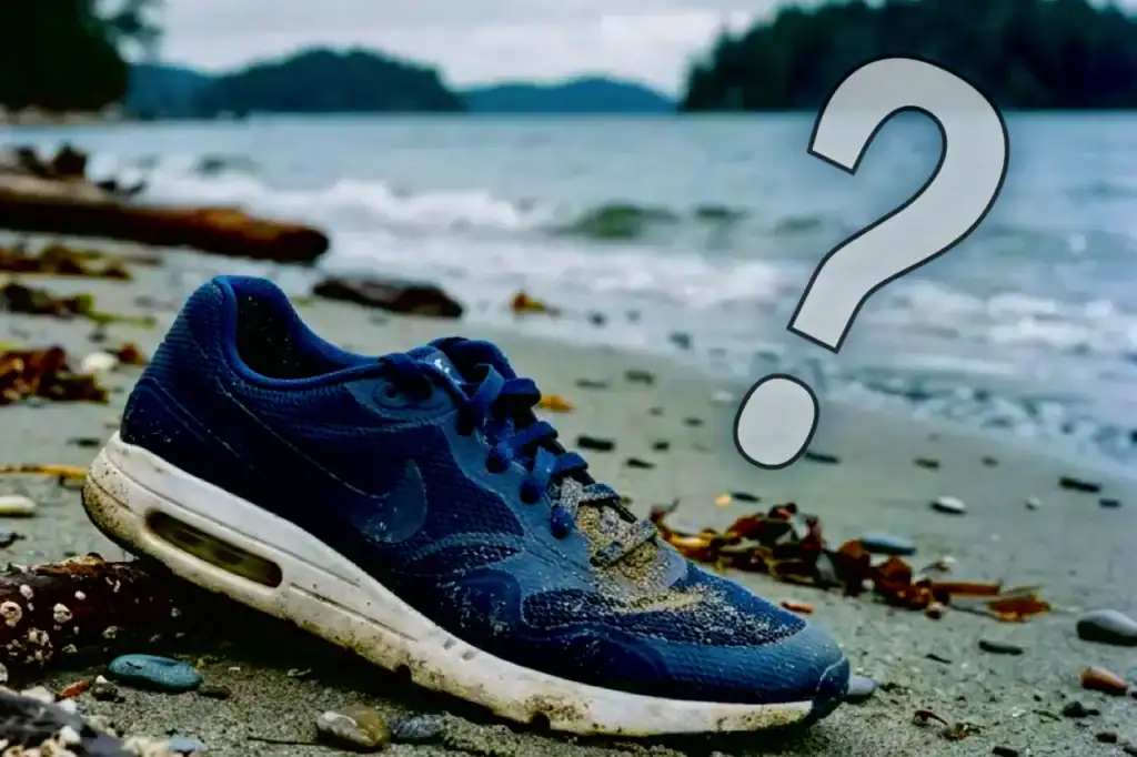 Blue Nike running shoe on a rocky Salish Sea shoreline, with a large question mark over the beach, echoing the severed feet mystery.
