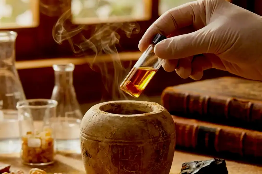 A hand holds an amber vial and dropper releasing smoky incense as fragrance is recreated over a clay canopic jar.