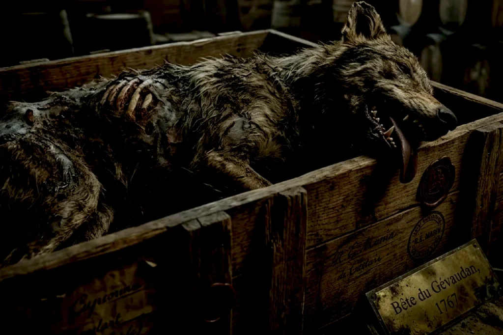 A grey, snarling Beast of Gévaudan rests inside a wooden crate marked “Bête du Gévaudan” with the 1767 date, evoking 1760s terror.