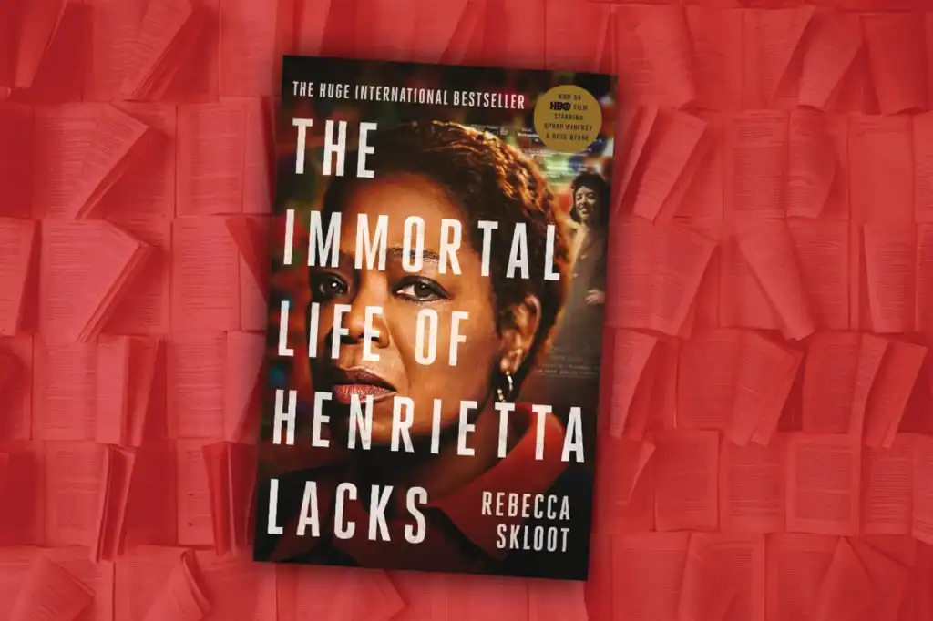 The Immortal Life of Henrietta Lacks book cover by Rebecca Skloot with Henrietta Lacks text on a red background.