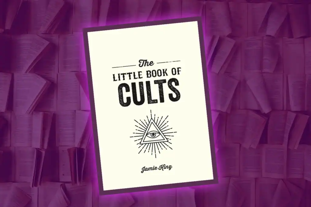 The Little Book of Cults cover with bold black lettering, Jamie King name, and an eye-in-triangle symbol on purple pages background