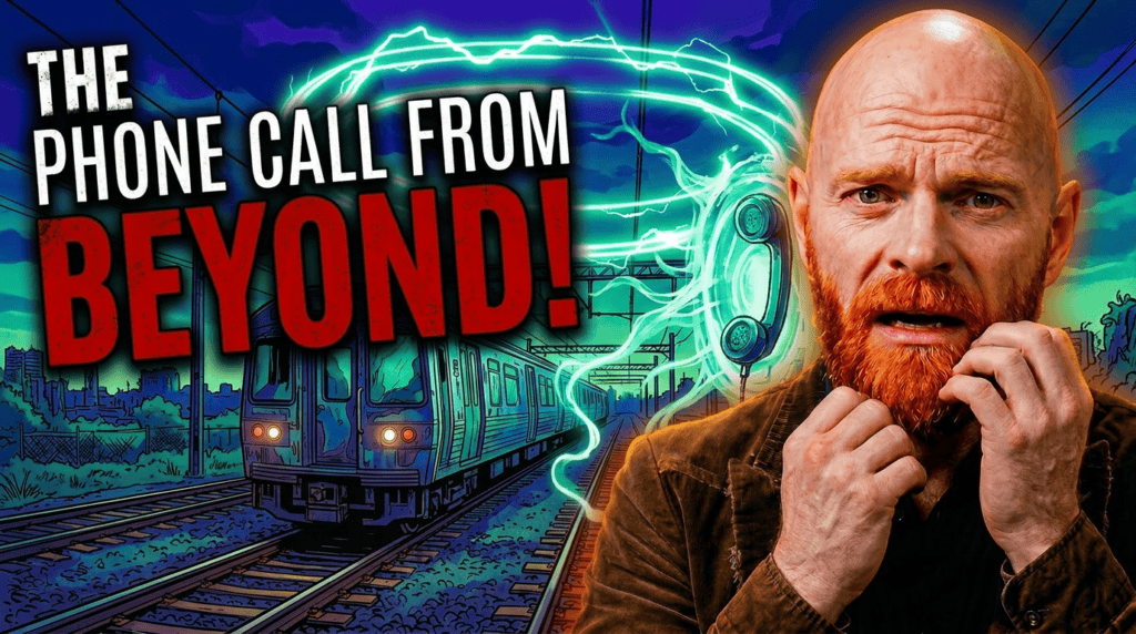 A bald red-bearded man reacts beside a glowing phone and commuter train, while The Phone Call From Beyond blazes across the dramatic scene.
