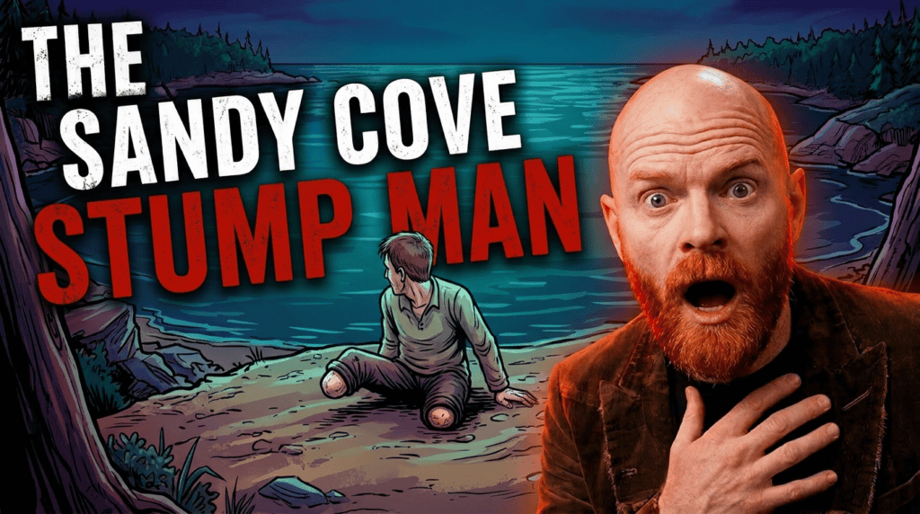 A shocked bald red-bearded man appears beside the Sandy Cove Stump Man title, while Jerome sits silently on the Nova Scotia shoreline.