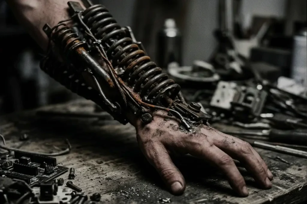 Rusty metal arm and hand with wire-like coils and bolts sprawl across a messy workbench, with dark monochrome tones echoing Tetsuo: The Iron Man.