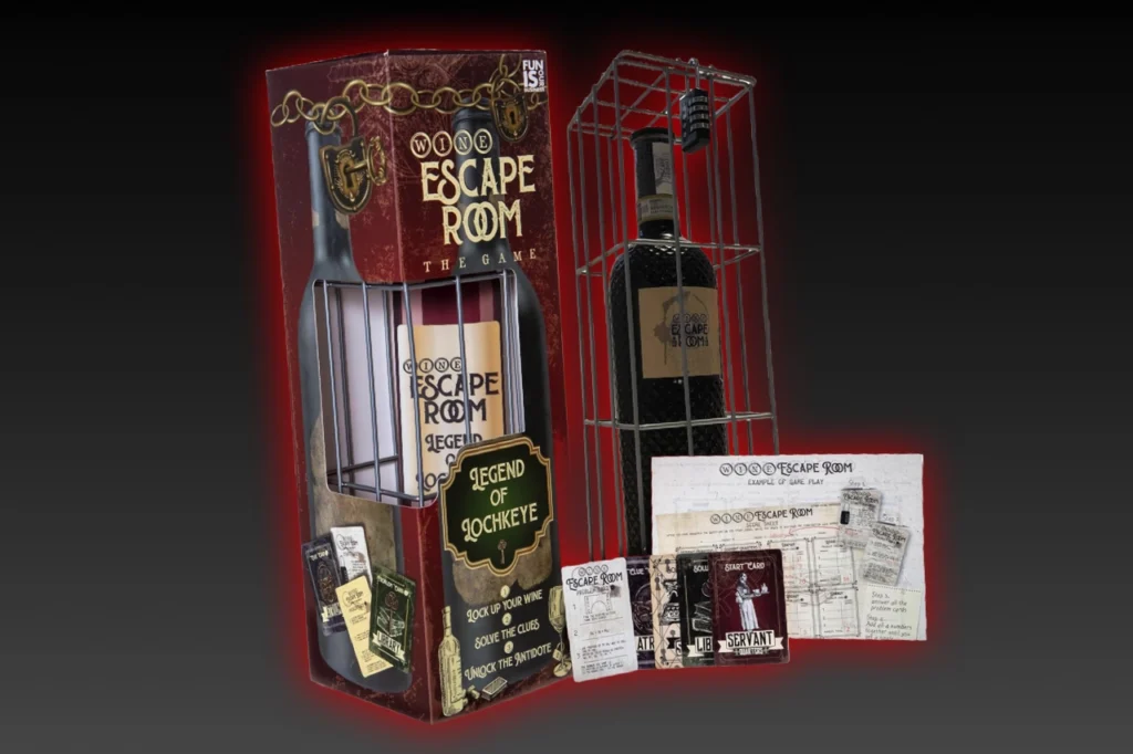 Boxer Gifts Wine Escape Room materials show a wine bottle in a metal cage beside four-digit lock cards and the game box design in red tones.
