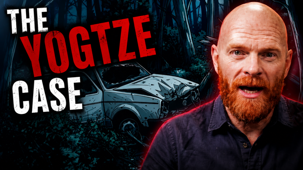 A bald, red-bearded man stands beside THE YOGTZE CASE title art and a crashed car, referencing Gunther Stoll's eerie German mystery.