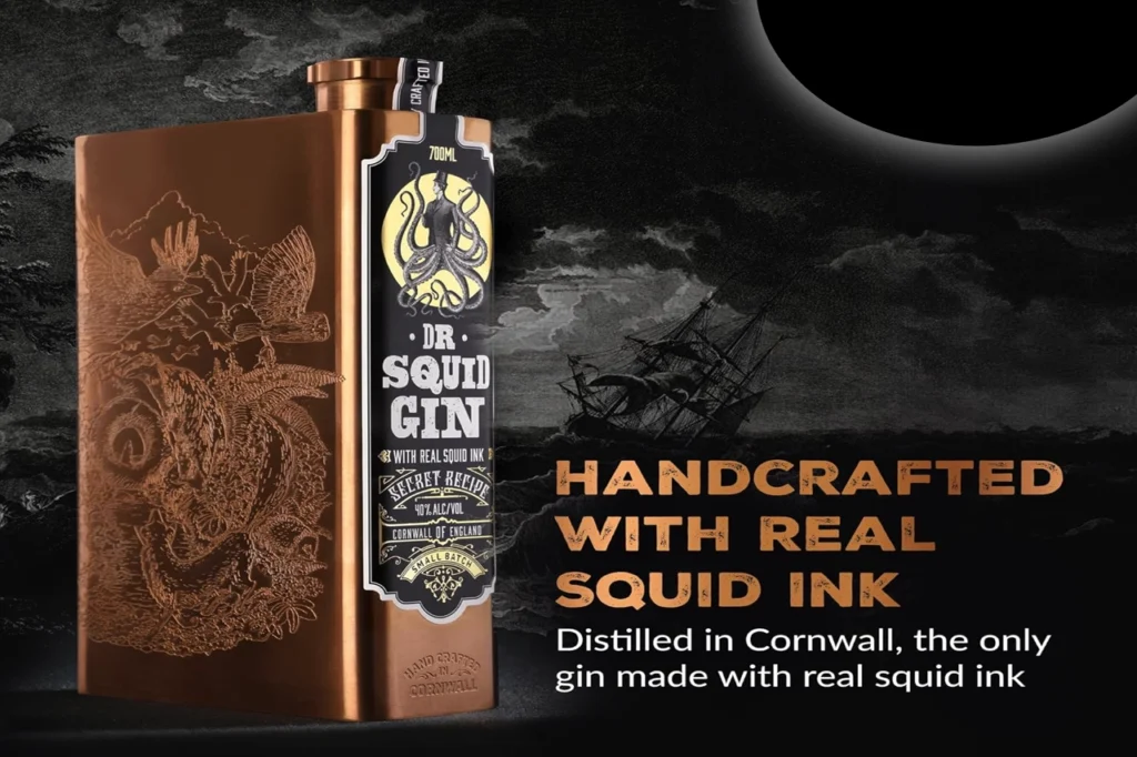 Handcrafted Dr Squid Gin bottle in black and copper tones, marked with real squid ink and distilled in Cornwall text on the label.