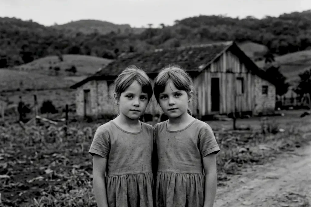 Two twin children stand outdoors in black-and-white near rural homes, recalling the Cândido Godói genetic laboratory and the twin town mystery.
