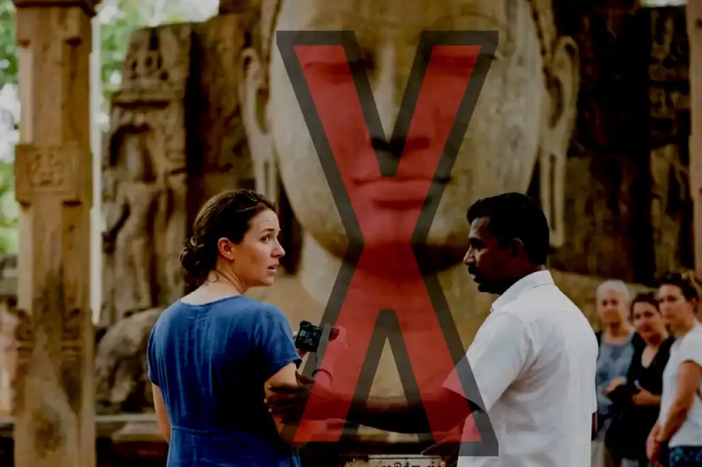 A red X law symbol overlays an outdoor stone setting as two people argue, echoing weird rules from Scotland, Japan, and the Salmon Act 1986.