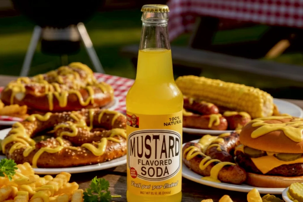 Mustard Soda mustard-flavored soda bottle by Rocket Fizz with a yellow, fizzy drink on a table of hot dogs and Bavarian pretzel snacks
