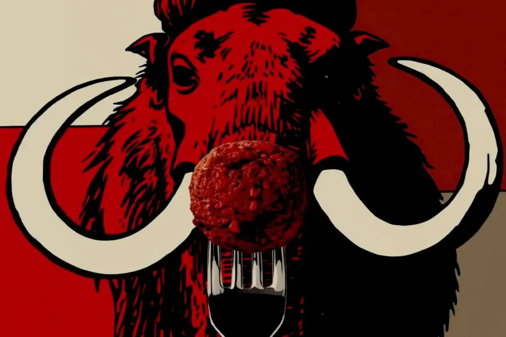 A lab-grown woolly mammoth meatball on a fork, set against a woolly mammoth silhouette, capturing Vow’s extinct DNA publicity stunt