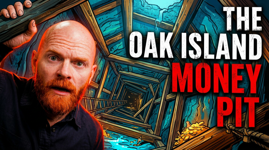 A bald red-bearded man stares into a deep illustrated shaft beneath The Oak Island Money Pit, with treasure and timber framing the mystery.
