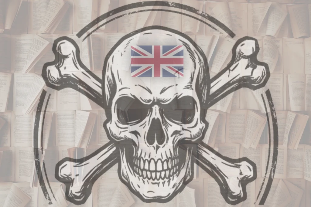 A stylized skull with crossed arms over stacked pages, with the UK flag in the center, echoing Jack the Ripper true crime books.