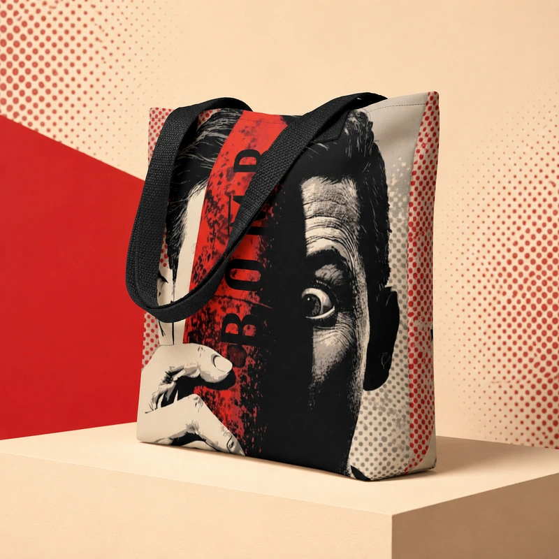 A striking pop art tote bag shows a bold red and black exploding bomb graphic with dramatic comic-book style artwork and black handles.
