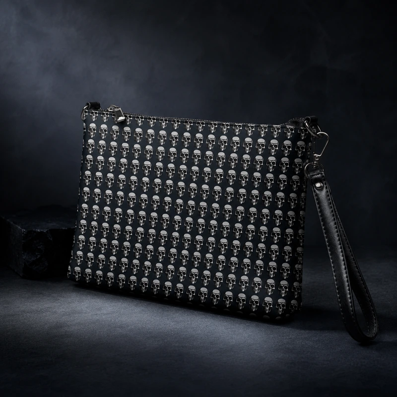 A black wristlet pouch with repeating skull print and a detachable strap reflects the edgy style behind the UNEXPLODED B*M tote bag range.