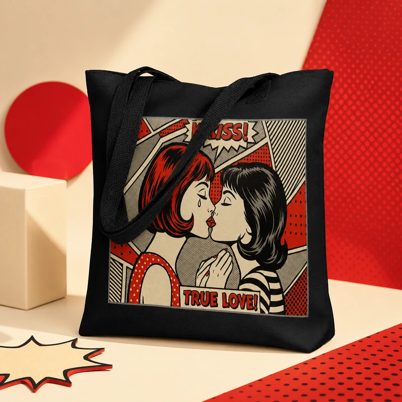 A black canvas tote bag shows a bold pop art kiss design with the words TRUE LOVE in red and white comic style.