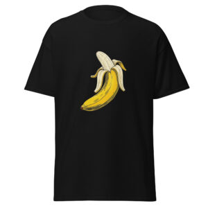Black unisex classic tee with a bold LOVE BANANA graphic showing a yellow banana rising the occasion for a humorous fact-led look.