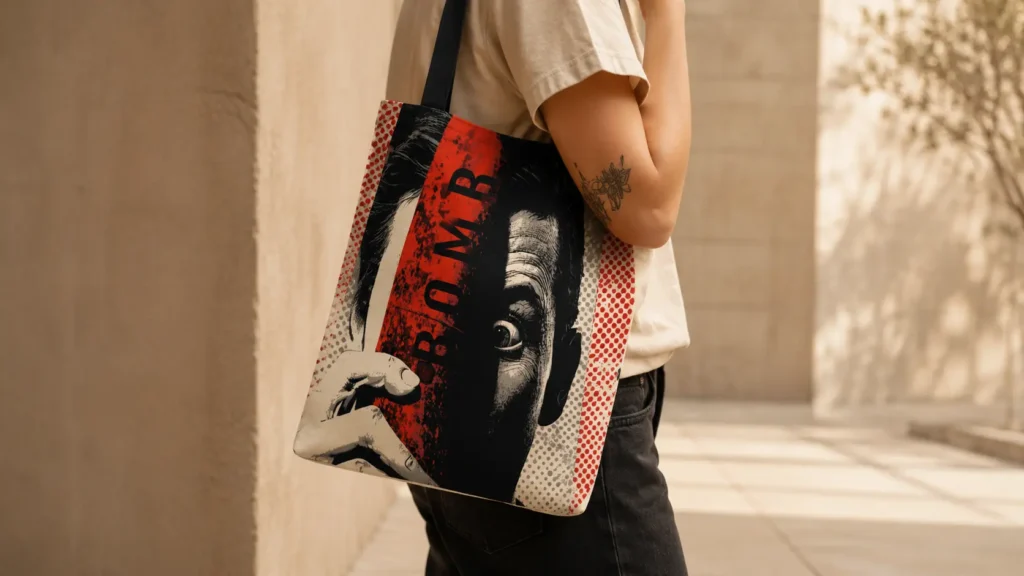 A BBT tote bag in red and black with a stylized face graphic and polka-dot trim, carried outdoors with a white shirt.