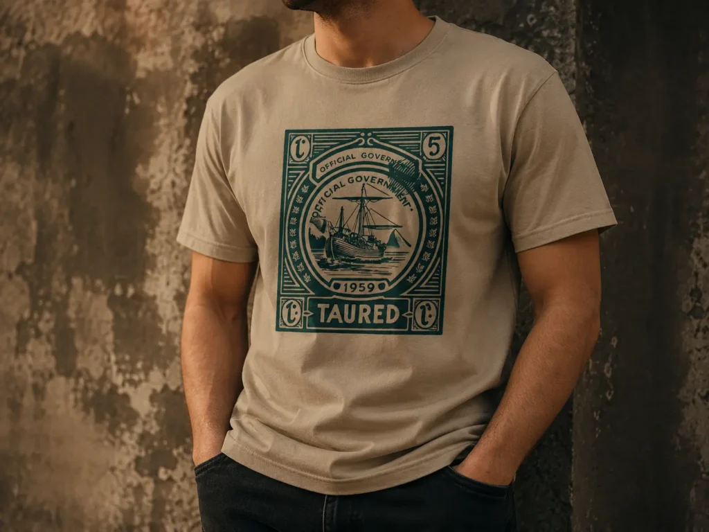 A beige T-shirt with a teal emblem and printed text reading TAURED 1959, including an official government seal style design.