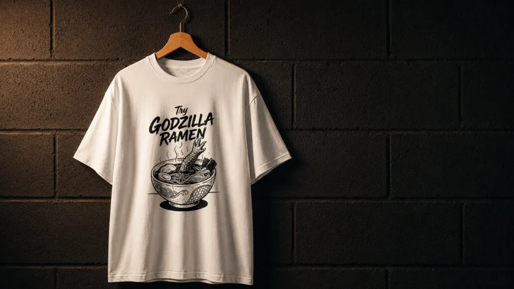 White T-shirt with a bold “Try GODZILLA RAMEN” graphic, showing a Godzilla-themed ramen illustration on a dark background wall.