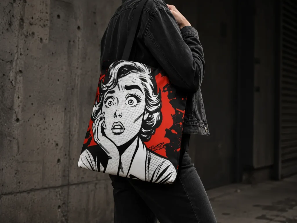 A black denim jacket shows a graphic comic-style portrait with bold red splatter behind the face and wavy hair illustration.
