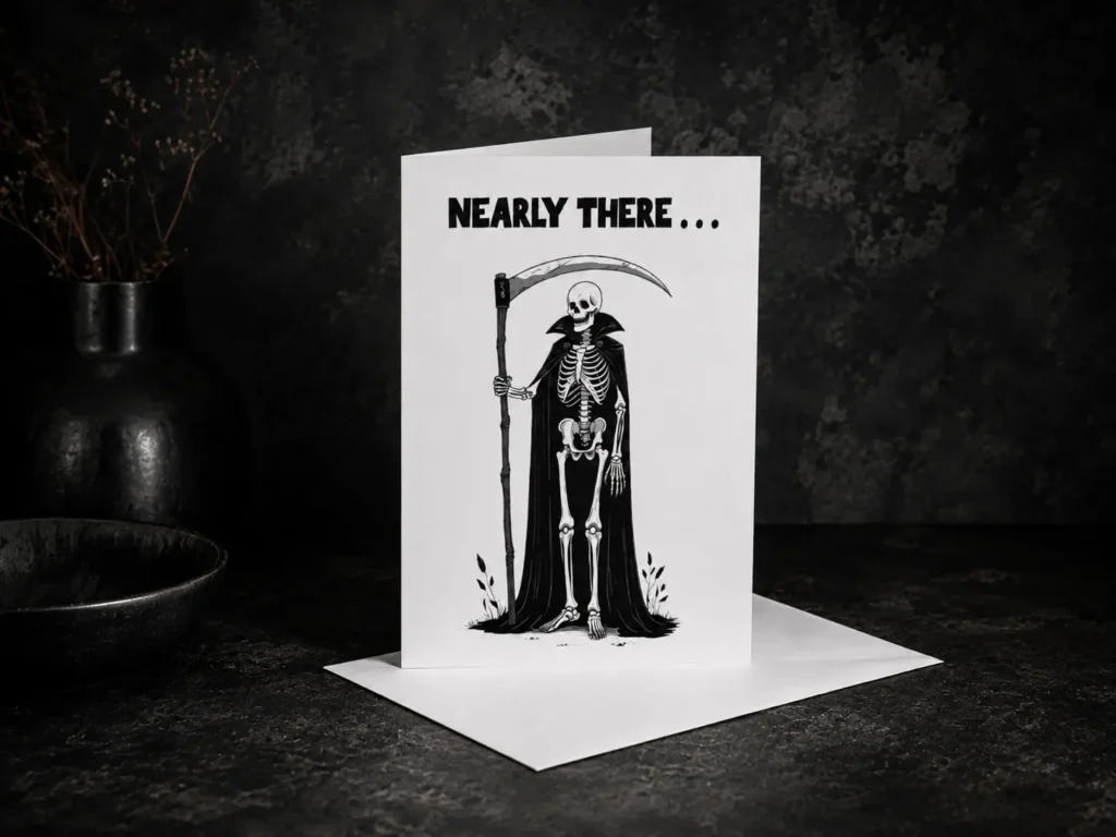 “NEARLY THERE…” text sits above a black-and-white skeleton in a hooded cloak, holding a scythe on a greeting card.