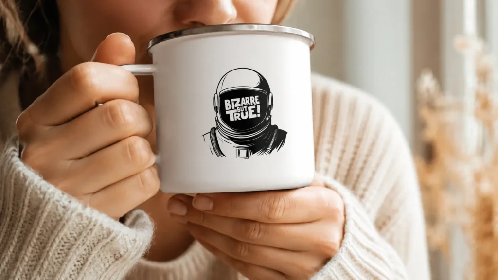 Hands holding a white mug with the Bizarre But True! black astronaut logo printed on the front in bold lettering.