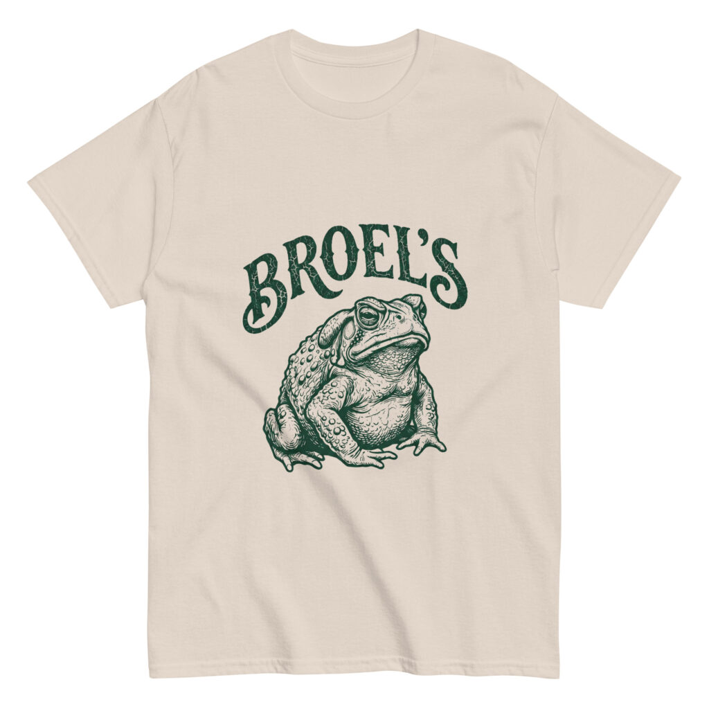 Natural unisex classic tee with the BROELS AMERICAN FROG CANNING Co name and a green frog illustration across the chest