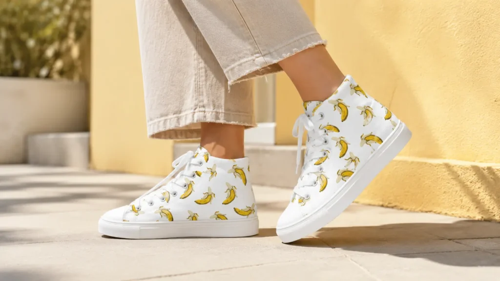 White women’s sneakers with yellow banana prints and lace-up detail against a warm yellow wall background outdoors in daylight.