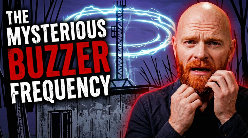 A tense presenter stands beside a glowing radio tower while the title The Mysterious Buzzer Frequency fills the frame in bold red and white letters.