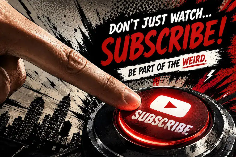 A red YouTube Subscribe button beneath bold text urging viewers to join the weird, comic-style urban design.