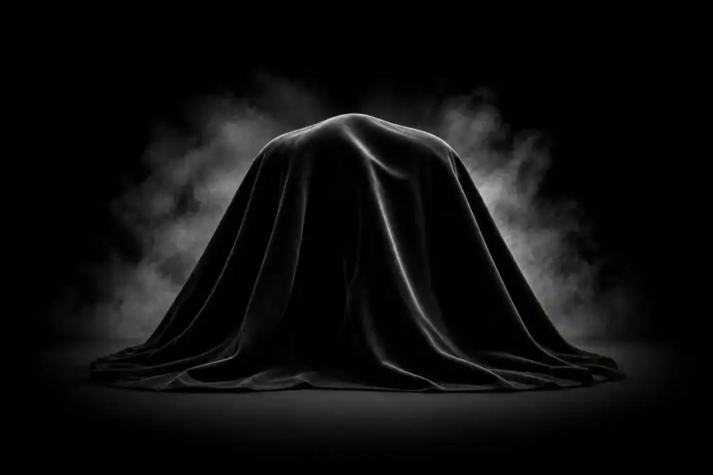A dark cloth conceals an unidentified form and pools across the floor, while gray smoke curls behind it in the darkness.